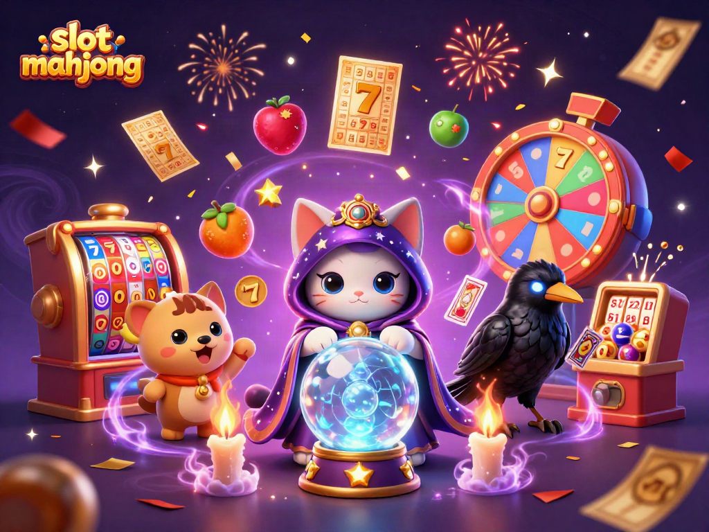 Engage with slot mahjong as colorful slot machine reels and mystic characters create a vibrant gaming atmosphere.