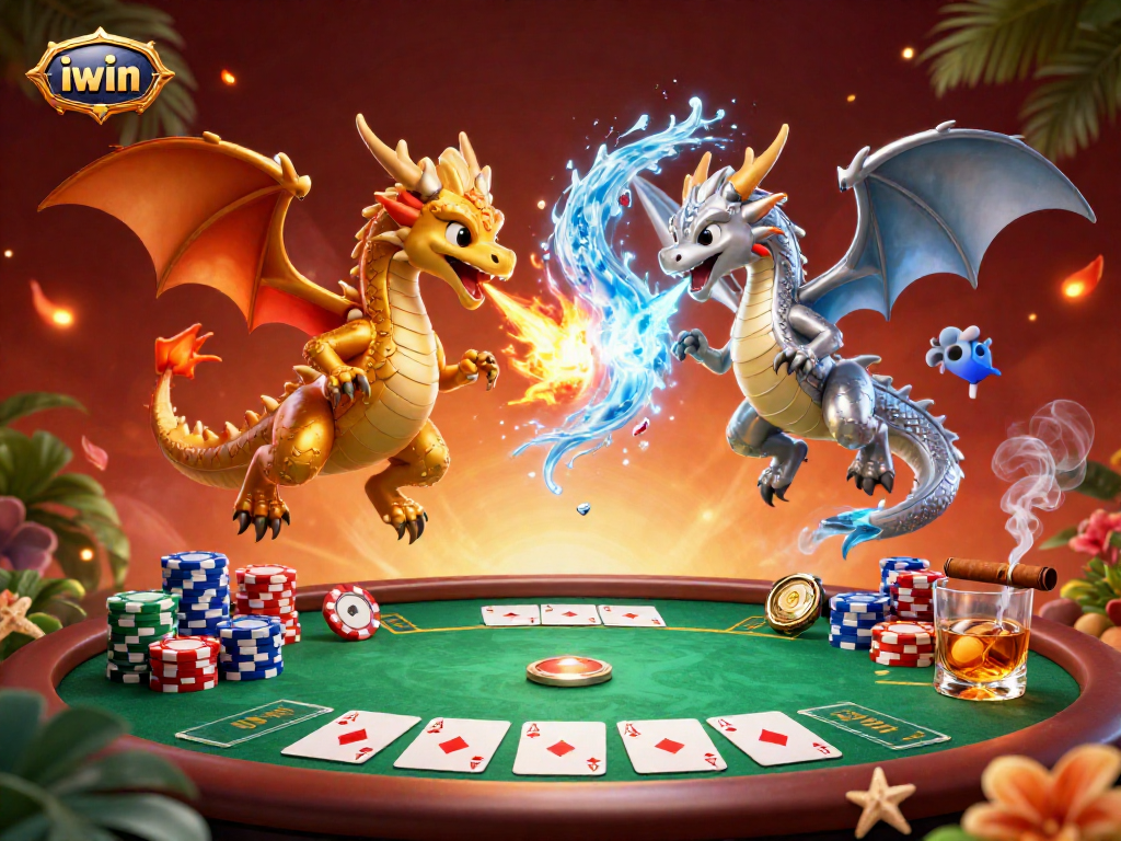 Experience thrilling iwin action with dynamic dragons amidst a captivating poker scene.