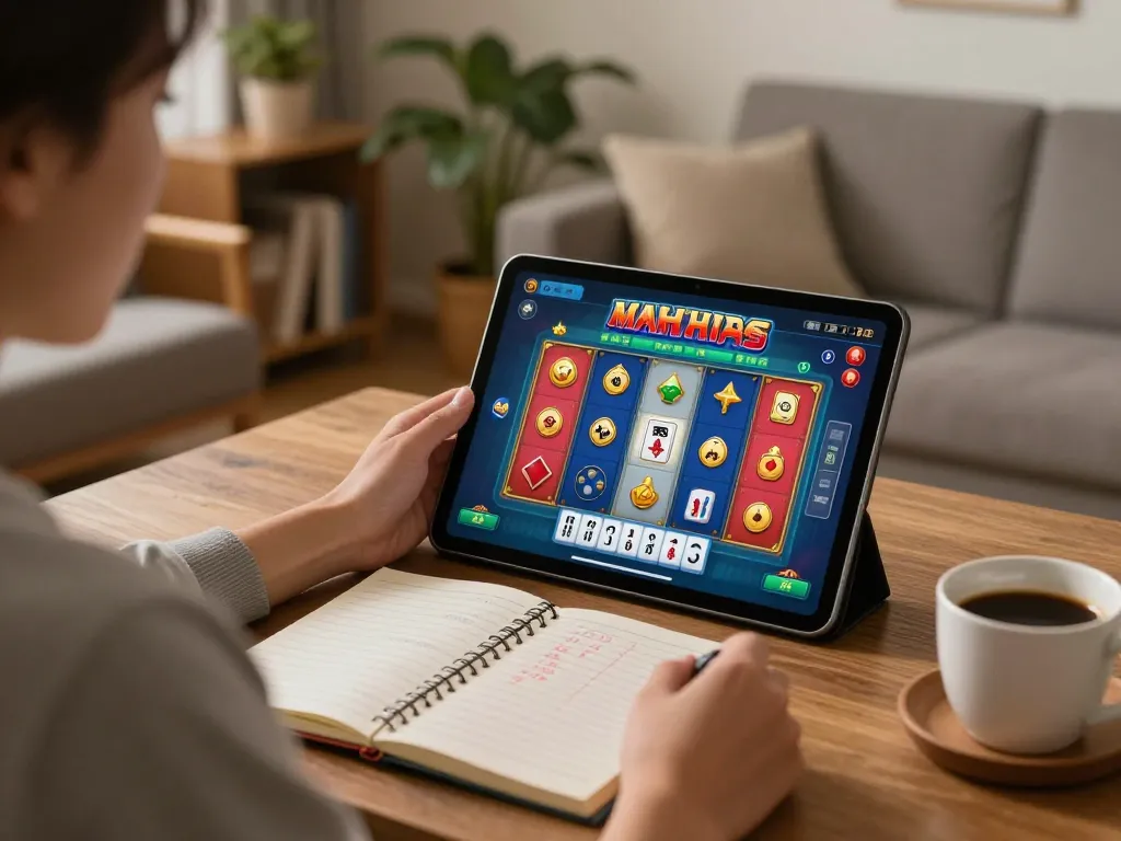 Player enjoying a high-energy session of slot mahjong on their tablet, surrounded by a cozy home atmosphere and strategic notes.