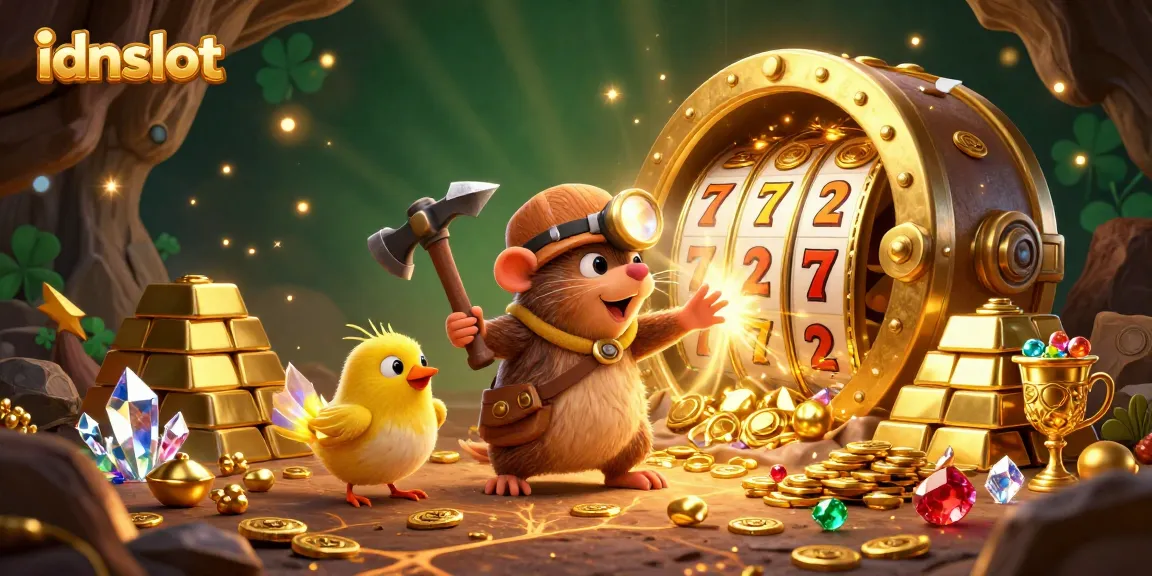 Spin to win at idnslot with treasure hunter mole and vibrant slot game elements.