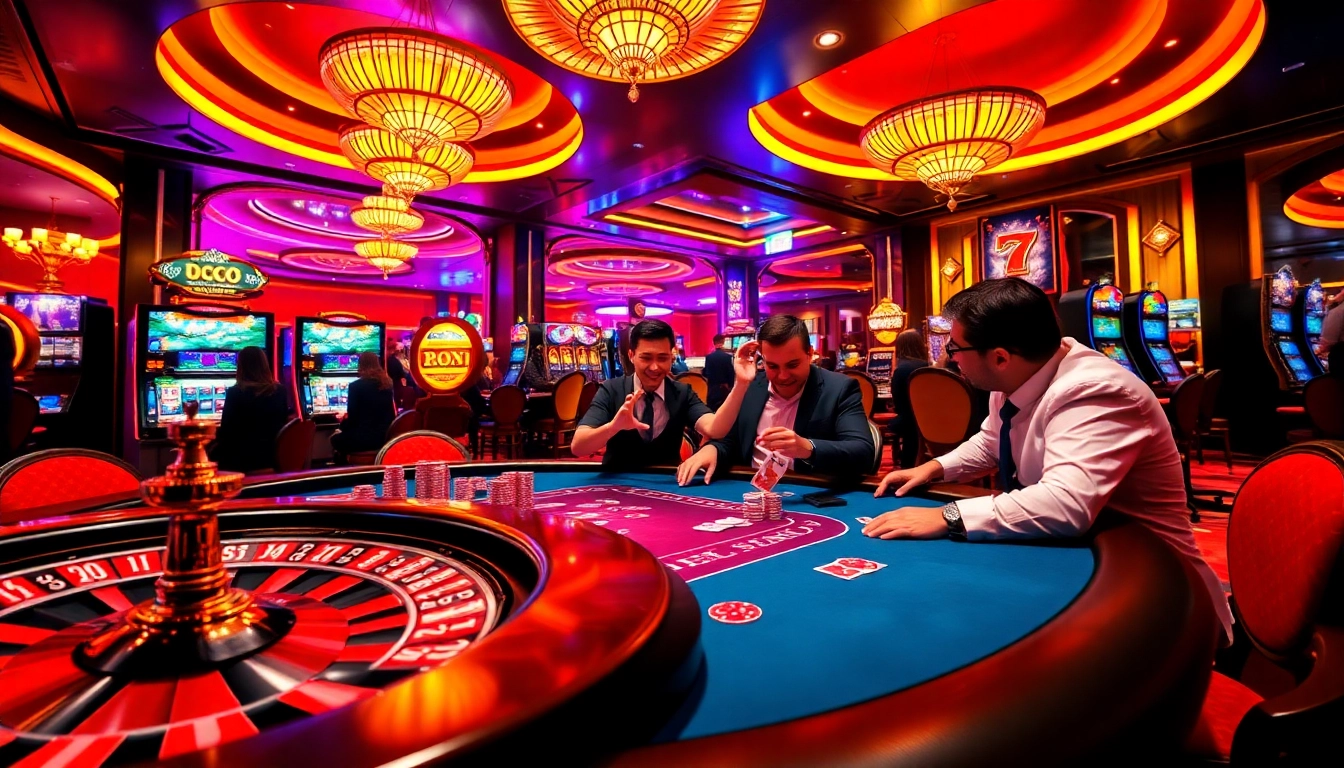 A vibrant scene showcasing players at 789club enjoying poker and excitement in a luxurious casino setting.