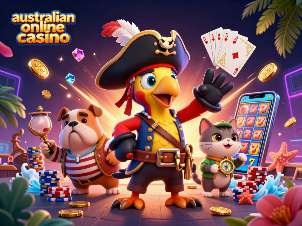 Engage with the excitement of an australian online casino featuring vibrant characters and sleek gaming elements.