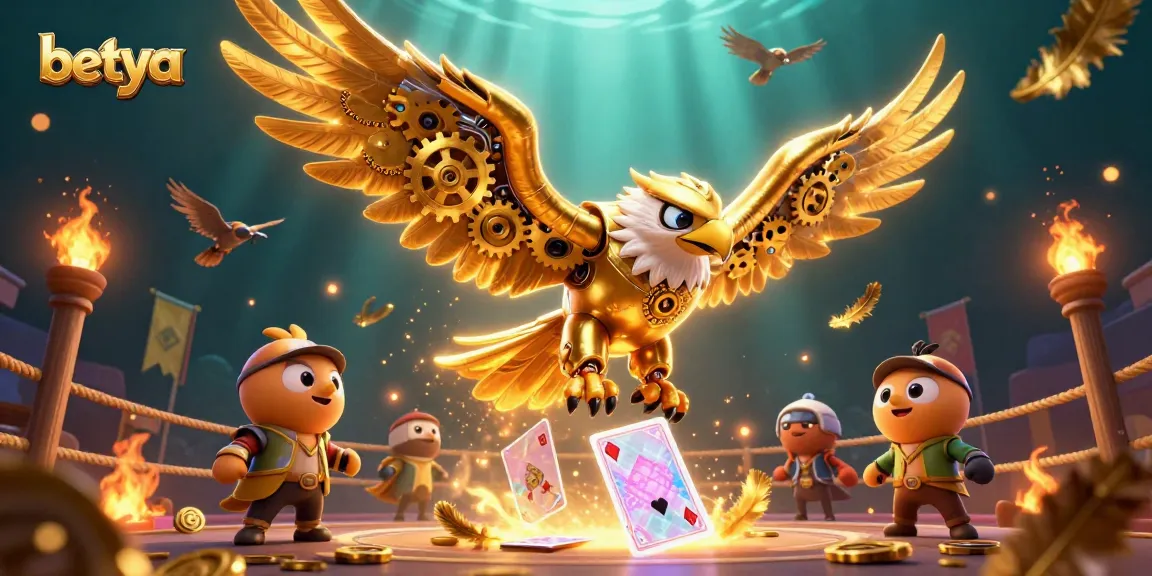 betya showcases a dynamic sports betting theme with a cybernetic eagle diving through cards and betting tokens