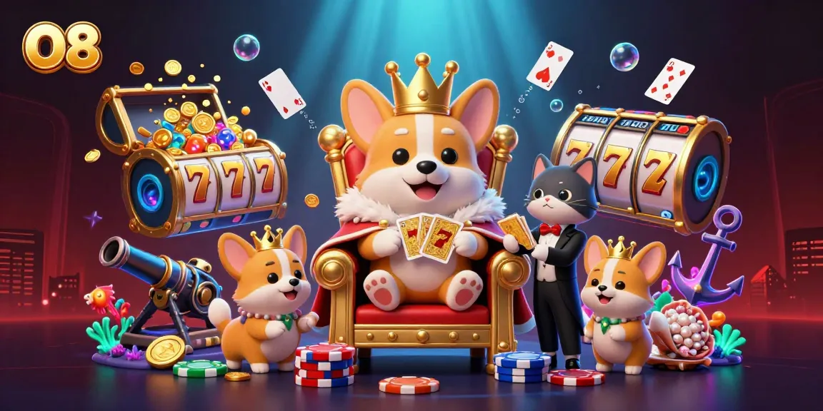 Engage with O8's vibrant casino world featuring royal corgi characters and gold treasures.