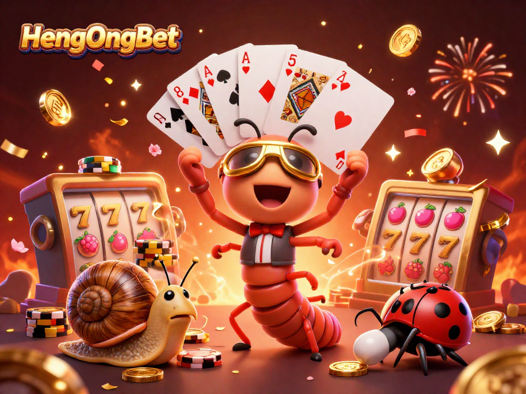 Join the excitement at HengOngBet with lively casino characters surrounded by rich slot game elements.