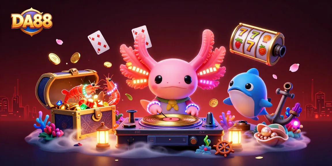 DA88 spins golden records in an underwater casino scene filled with vibrant gambling symbols.