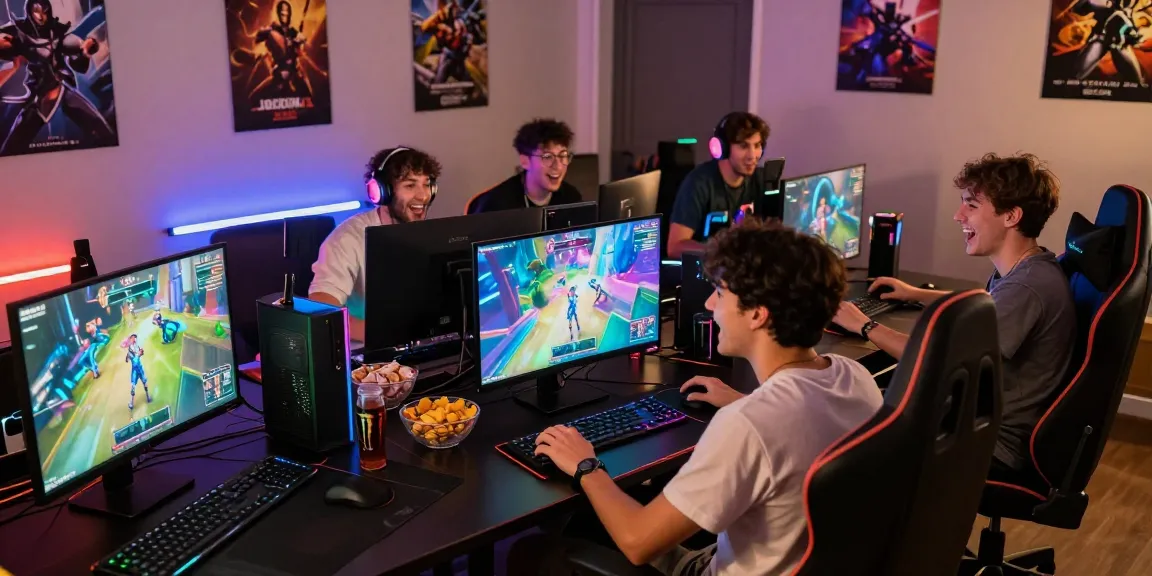 Engaging scene of friends enjoying Raja Game login at a vibrant gaming setup with colorful monitors and gaming accessories.