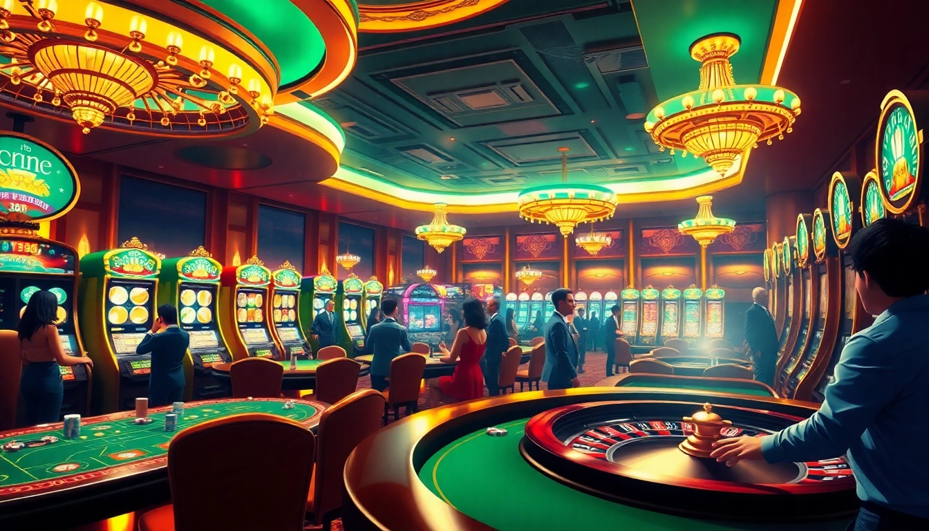 Experience the excitement of qqmacan with vibrant casino scenes featuring slot machines and poker games.