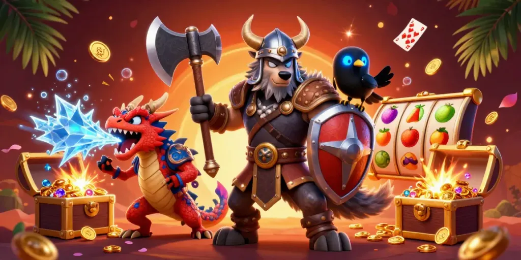 Visualisasi slot88 yang menarik dengan simbol buah dan karakter menarik di dunia permainan kasino.