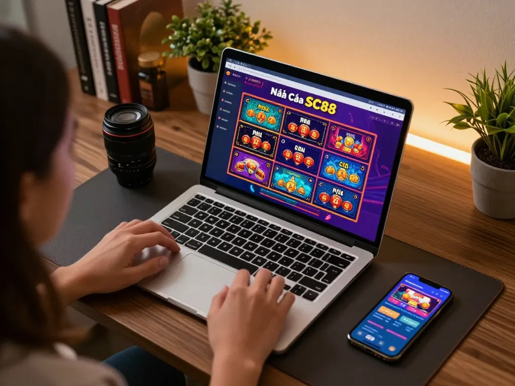 Engaging online gaming at Nhà Cái SC88 with vibrant casino game graphics and personal setup