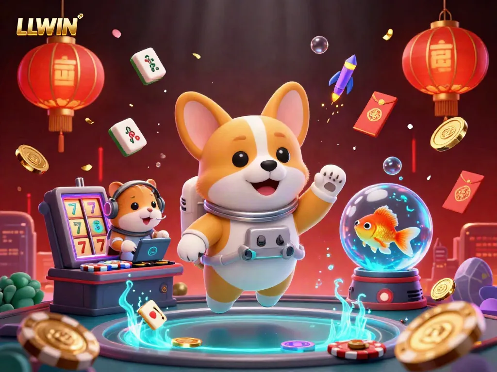Experience the thrill of LLWIN casino gaming with a playful astronaut corgi in space surrounded by floating casino elements.