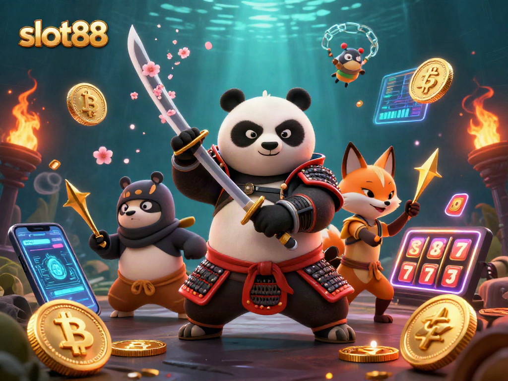 Experience thrilling gameplay with slot88 as a samurai panda and ninja fox celebrate wins in a vibrant casino scene.