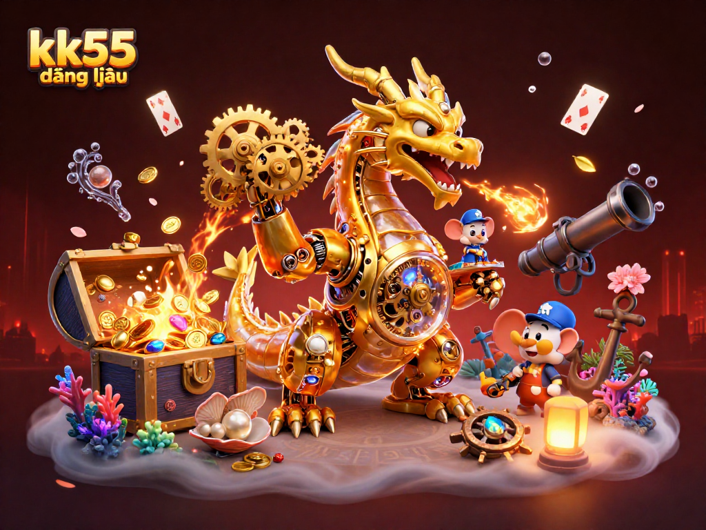 Experience the thrill of kk55 đăng nhập with our action-packed casino illustration, showcasing a golden dragon amidst vibrant game elements.