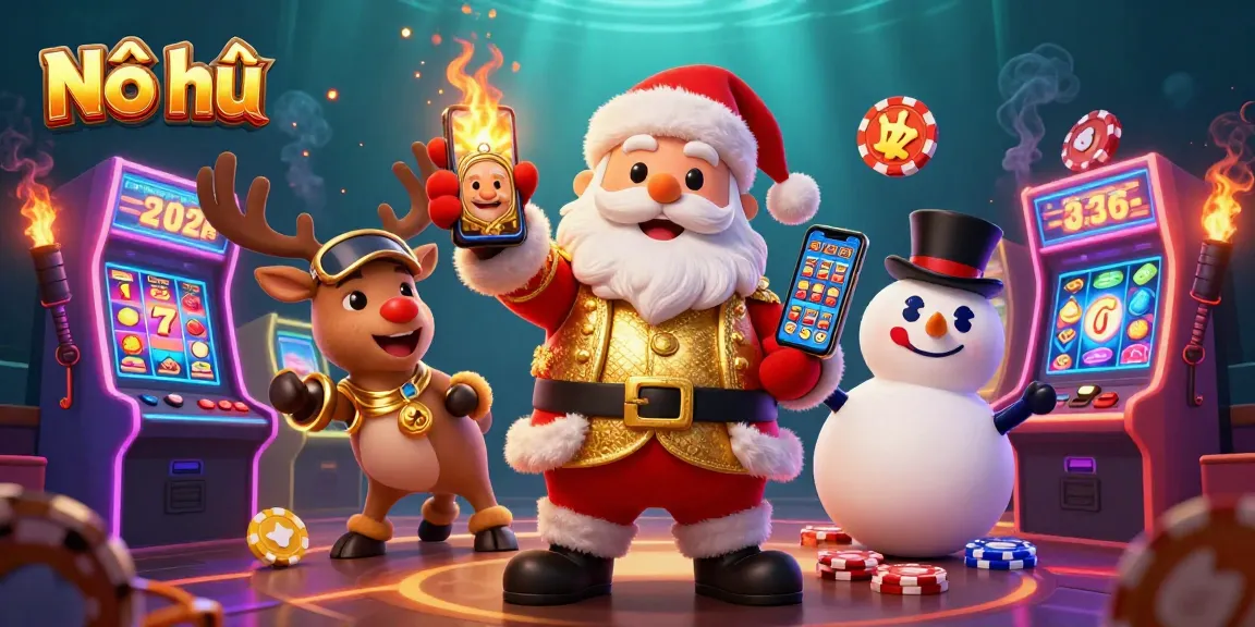 Nổ hũ themed scene featuring Santa Claus, his reindeer, and a snowman enjoying jackpot slots in a vibrant casino setting.