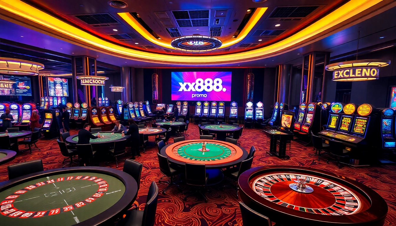 Experience thrilling gaming at xx88.promo with poker tables, slot machines, and vibrant casino ambiance.