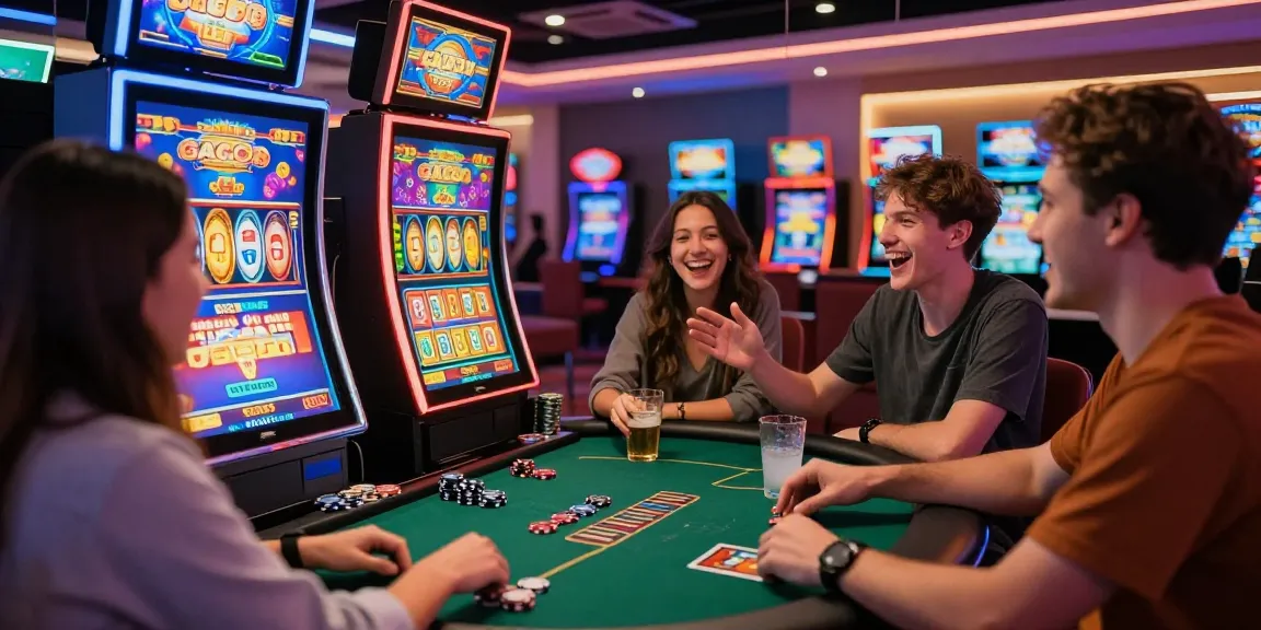 Exciting slot gacor game session in a lively casino setting with friends enjoying vibrant slots and neon lights.
