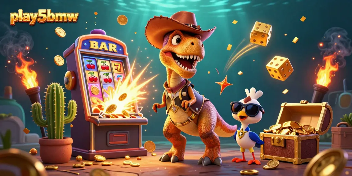 Experience the excitement of play5bmw with a thrilling 3D casino scene featuring slot machines and dynamic game elements.