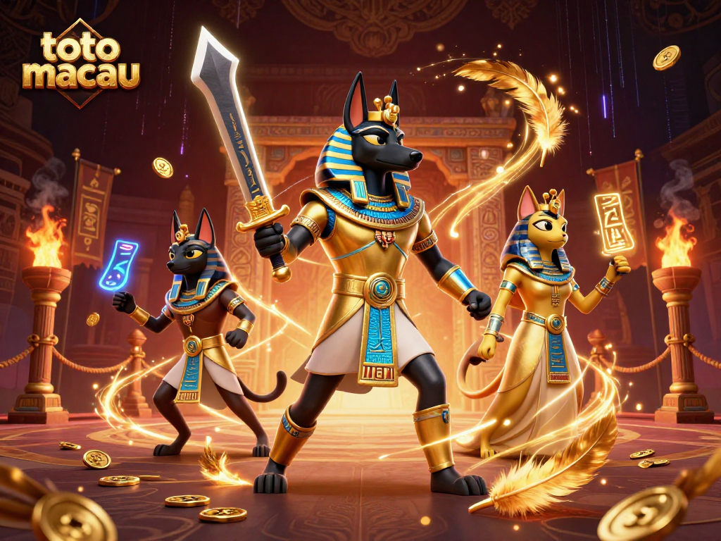 Engage with toto macau predictions in an energetic scene featuring Anubis, Bastet, and dynamic casino elements.