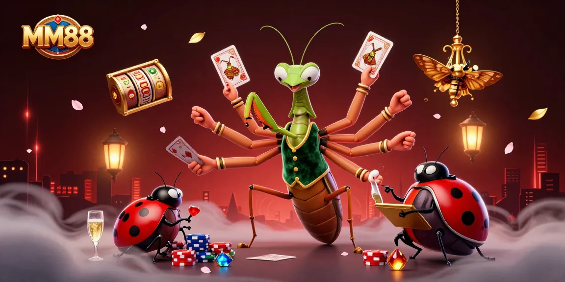 MM88 engages players with a giant mantis card sharp dealing cards in a vibrant online casino.