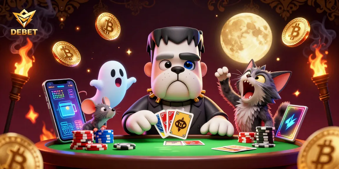 DEBET unleashes thrilling card games with lively characters at a spooky casino table.