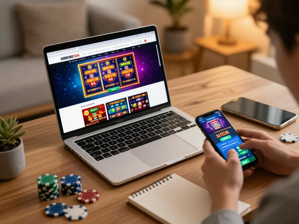 Engaging online gaming experience at AMBKING1234, featuring ทางเข้า m118 with modern laptop and smartphone setup