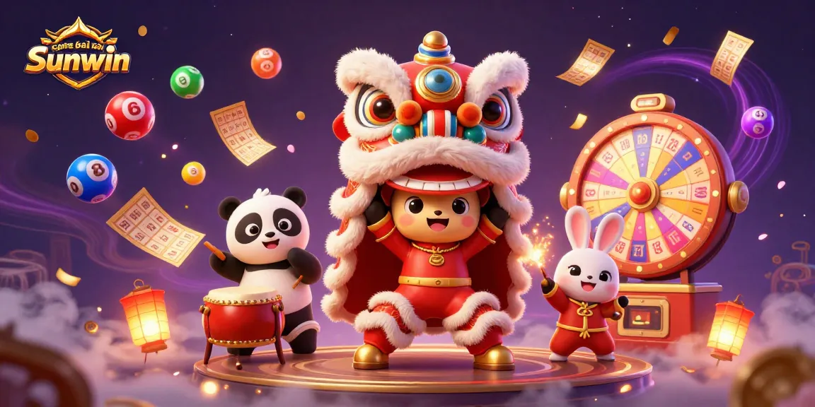 Cổng game bài đổi thưởng Sunwin illustration showcasing vibrant lottery elements and festive characters in dynamic action.