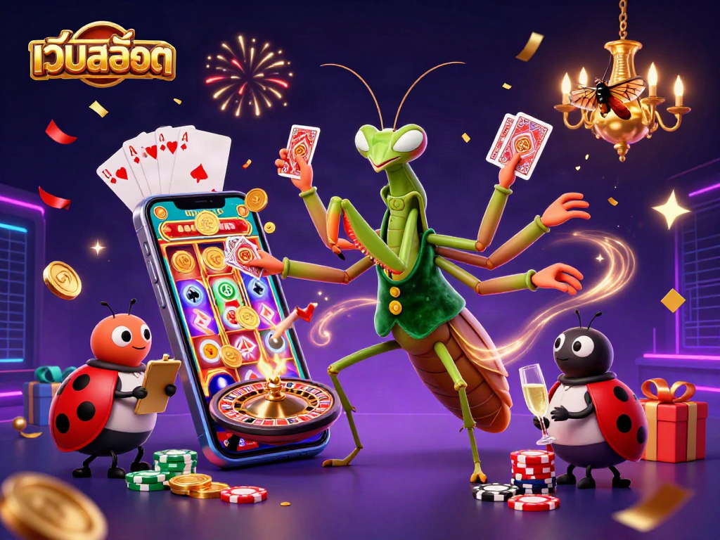 Experience เว็บสล็อต excitement with a 3D mantis card sharp and ladybug pit boss in a vibrant casino scene.
