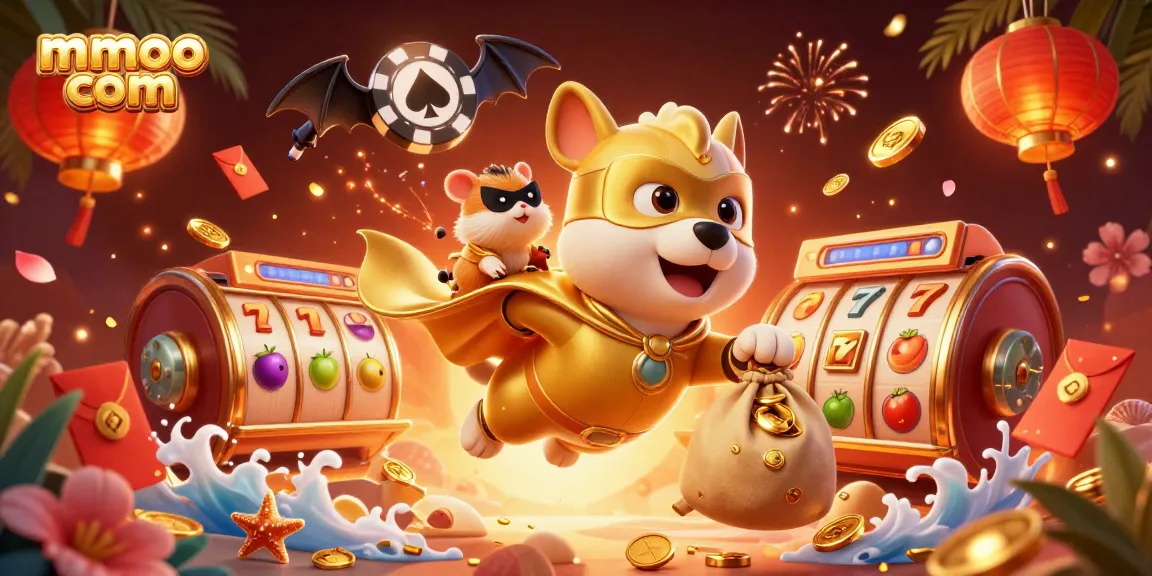 Experience thrilling gaming at mmoo com with vibrant 3D characters in a casino-themed illustration.