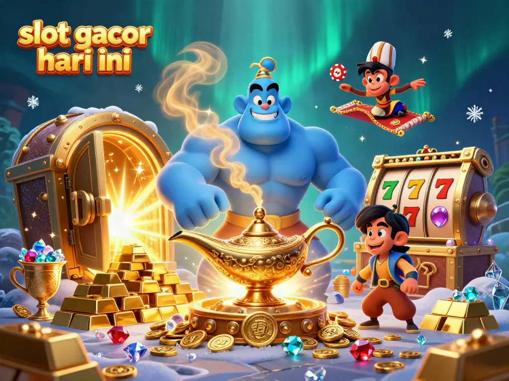 Visualisasi slot gacor hari ini dengan karakter genie, koin emas, dan keberuntungan jackpot dalam ilustrasi 3D.