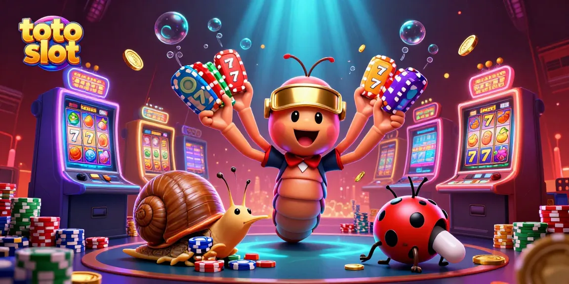 Spin the reels at the toto slot, featuring vibrant characters celebrating massive jackpot wins in a lively casino scene.