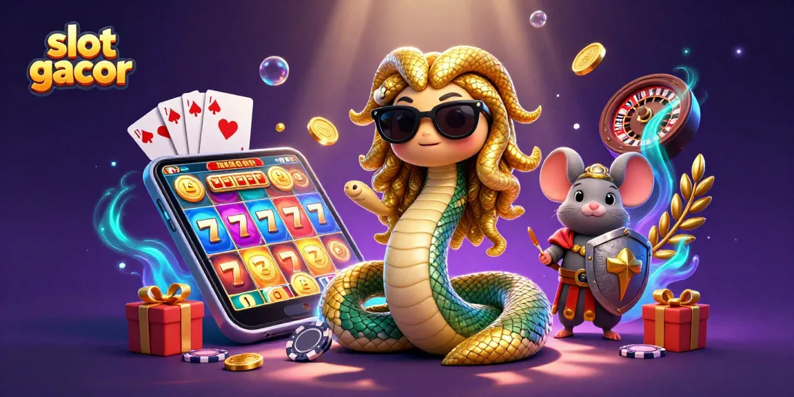 Menggenggam peluang kemenangan dengan slot gacor, Medusa lucu dan karakter lainnya dikelilingi elemen permainan kasino yang menarik.