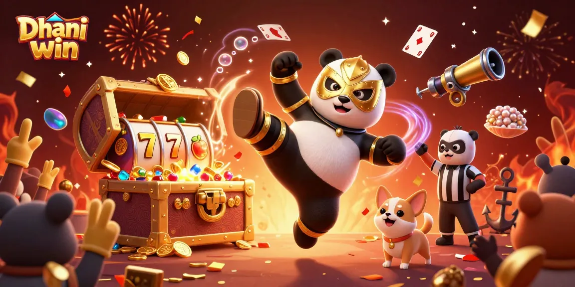 Dhani win showcases a vibrant scene of exciting casino action with a playful panda wrestler, cheering animal crowd, and dynamic slot game elements.