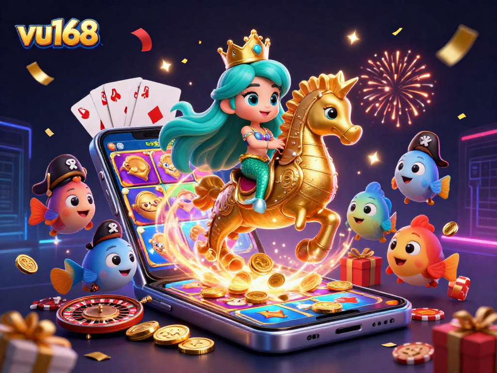 Experience the excitement of vu168 with vibrant casino-themed illustration featuring characters and game elements.