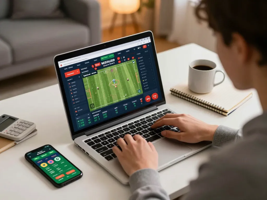 Person placing bets on lc88 sports betting platform from home office, showcasing modern gaming setup