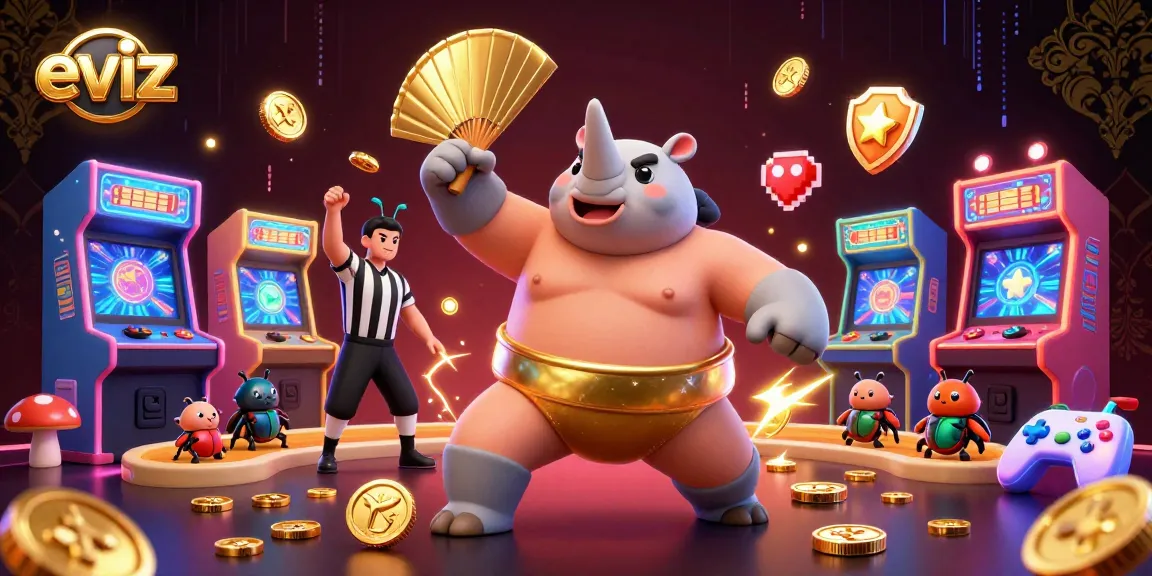 eviz showcases a dynamic casino scene with a rhinoceros beetle champion surrounded by arcade elements.