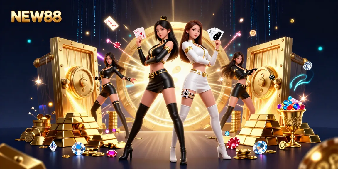 Experience the thrilling atmosphere of NEW88 casino with stunning twins showcasing their card skills.