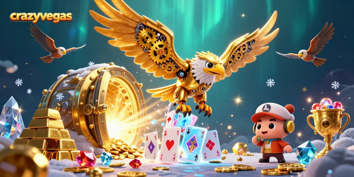 Experience the thrilling dive of a cybernetic eagle at crazyvegas amidst treasure and holographic cards.