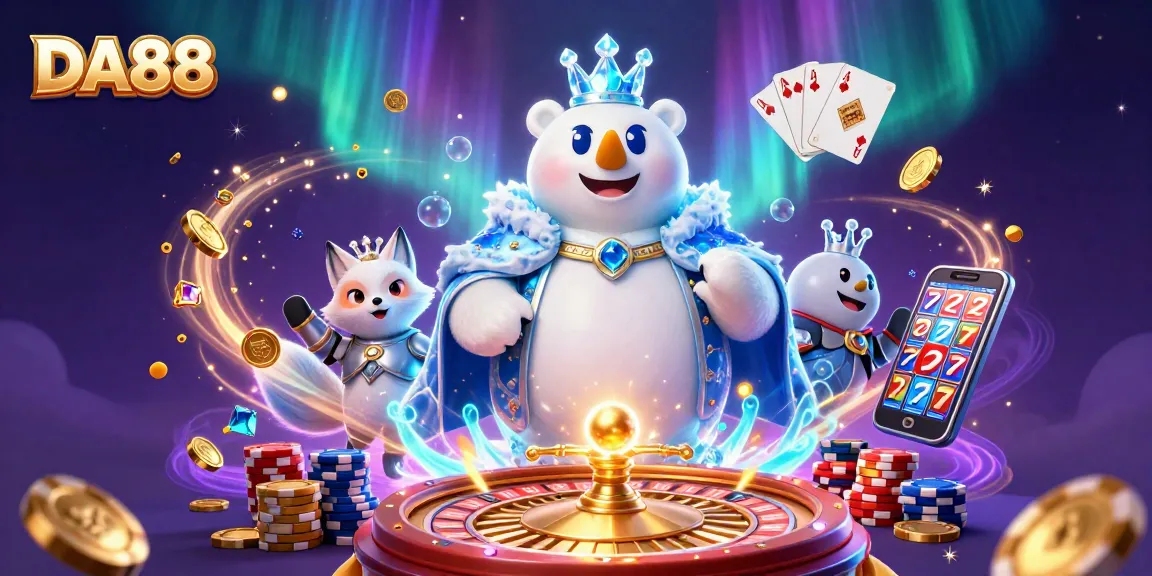 Spin to win with DA88 at the vibrant casino, featuring a playful polar bear and fox surrounded by riches.