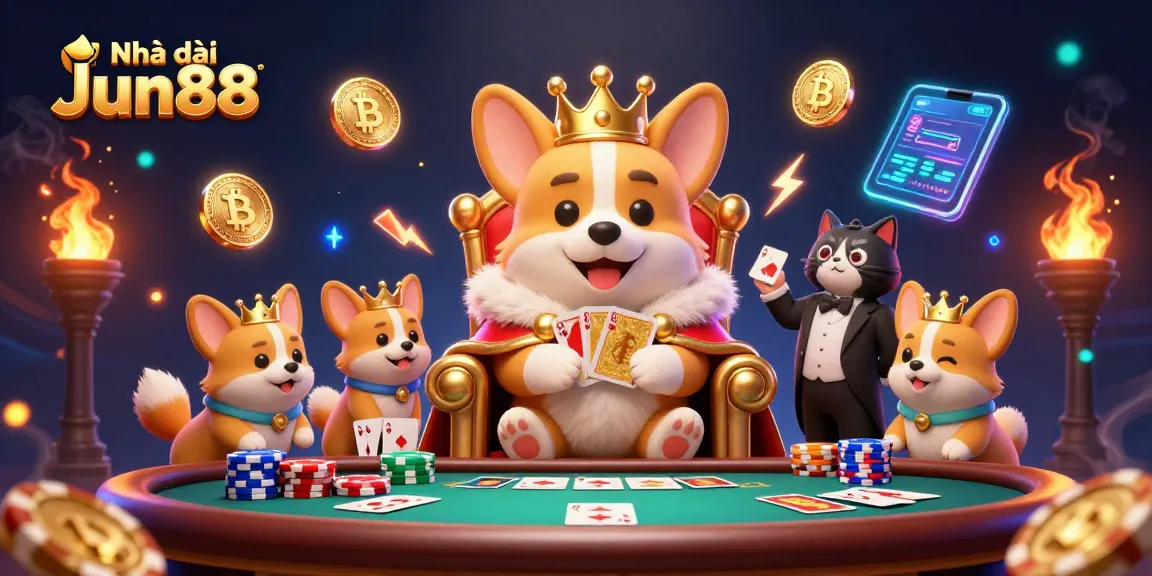 Play exciting games at Nhà cái Jun88 with vibrant characters and rich casino elements in a dynamic scene.
