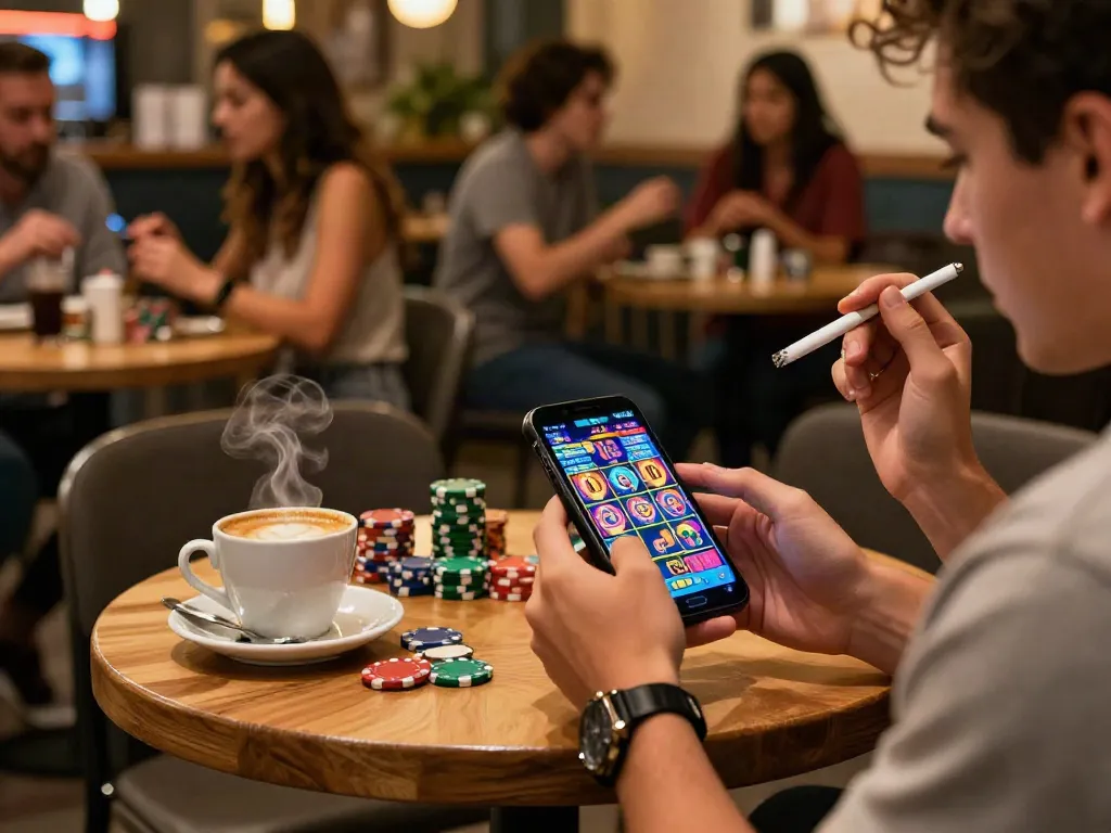 Enjoying luxury12 slots at a cozy café with coffee and cigarettes.