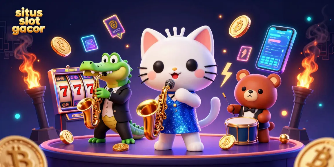 Play on situs slot gacor with a vibrant 3D casino scene featuring a jazz-singer cat and lively animations.