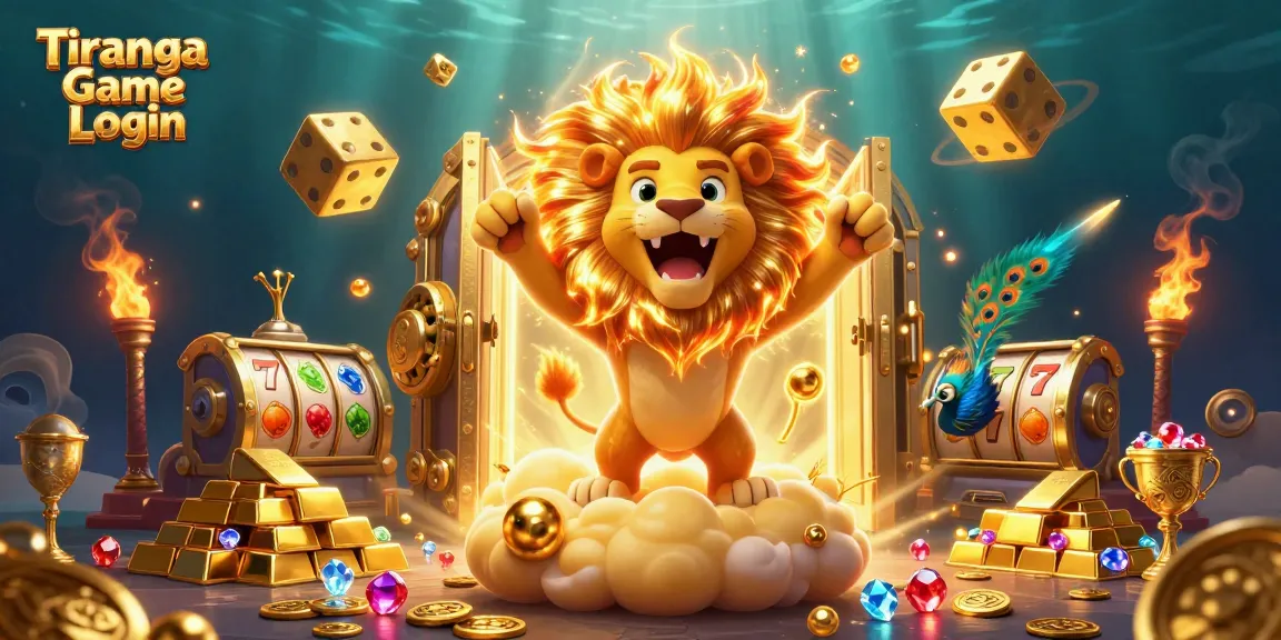 Experience the thrill with Tiranga Game Login, featuring vibrant gold elements, slots, and lively characters.