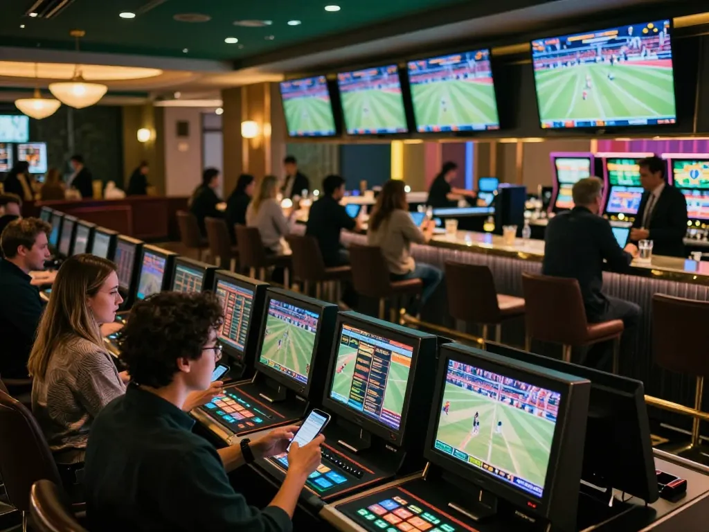 Patrons engaging in sports betting at Bbet's lively casino lounge.