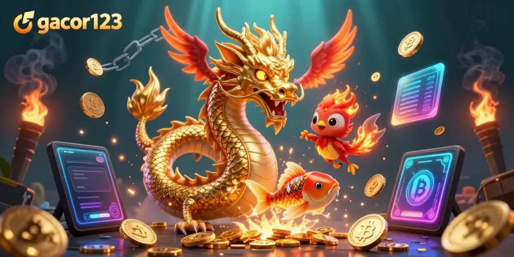 Experience thrilling gaming with gacor123, featuring a majestic dragon, phoenix, and koi fish.