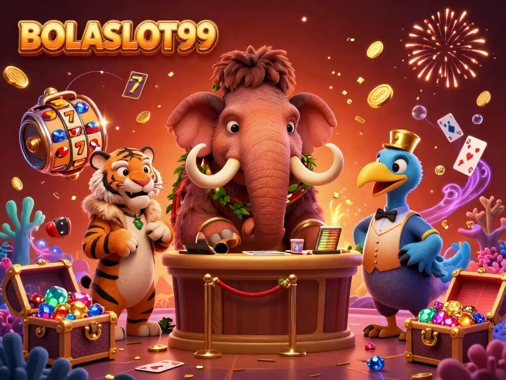Experience the lively atmosphere of BOLASLOT99 with casino characters surrounded by vibrant gaming elements.