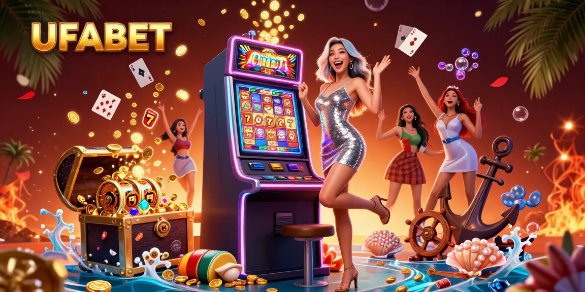 Play and win big at UFABET with a vibrant casino illustration featuring thrilling slots and celebratory scenes.