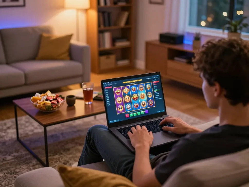 Engaged player enjoying toto slot gaming experience on laptop in cozy home setting