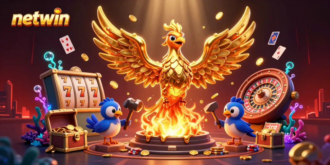 Experience the thrilling world of netwin with a golden phoenix and vibrant casino elements in this dynamic illustration.