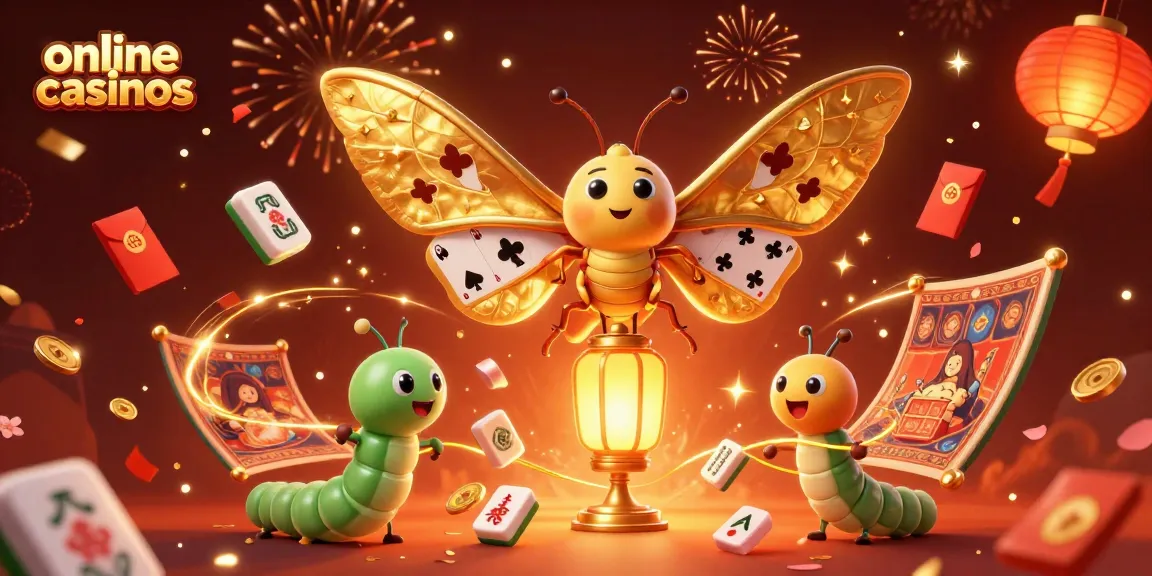 Engage with online casinos through an enchanting 3D scene of golden moths and festive elements.