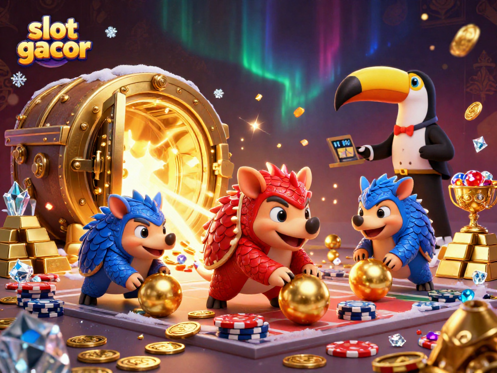Experience action in slot gacor as rival pangolins gamble for treasure in a vibrant casino scene.